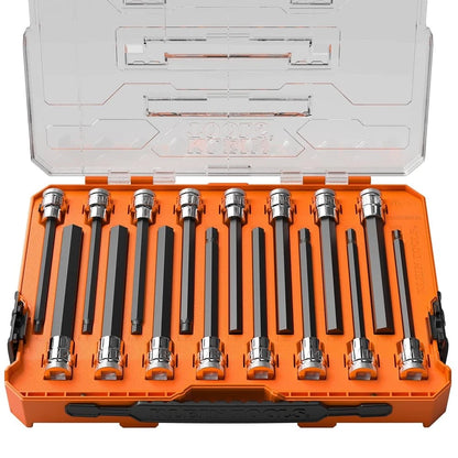 16-Piece Long Hex Bit Socket Set for Automotive (SAE & Metric)