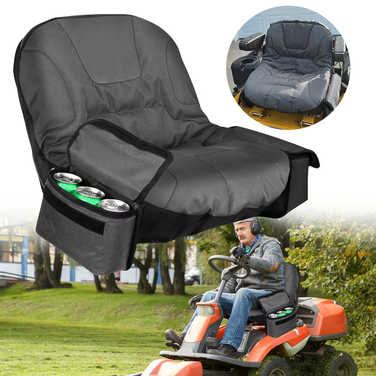 Riding Lawn Mower Seat Cover 600D Waterproof with Adjustable Strap & 4 Pockets