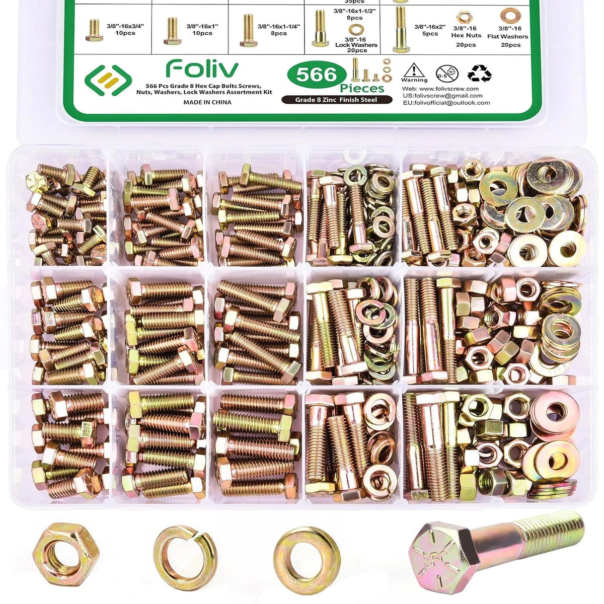 Set of 566 Alloy Steel Bolts & Nuts - Corrosion Resistant, 15 Sizes