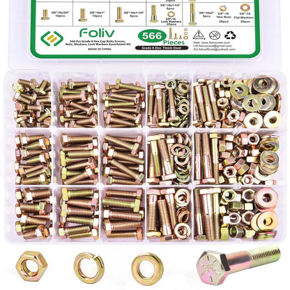 Set of 566 Alloy Steel Bolts & Nuts - Corrosion Resistant, 15 Sizes