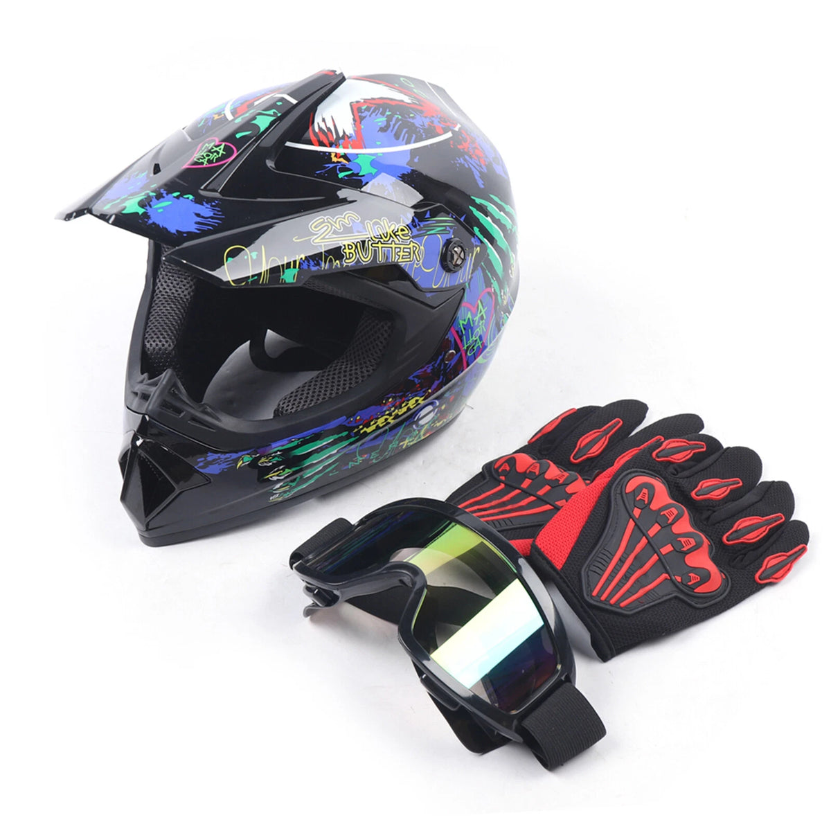DOT Motorcycle Helmet Set with Goggles and Gloves for Motocross MX ATV