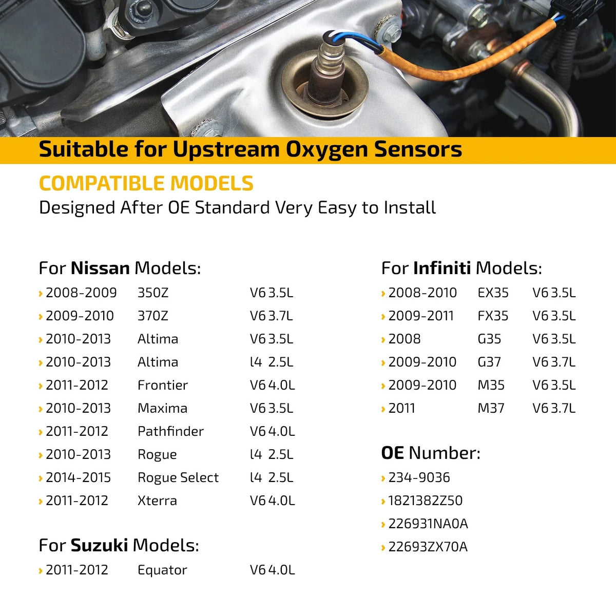 Upstream O2 Sensor for Nissan Altima 2007–2012, Nissan 350Z 2008–2009 234-9036