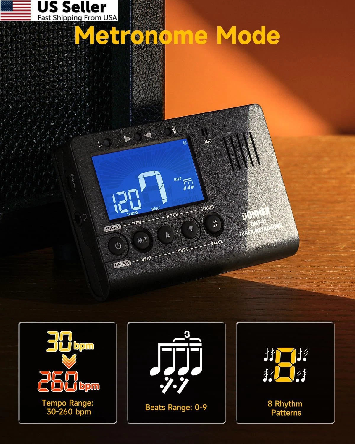 Metronome Tuner for All Instruments - Guitar, Bass, Violin, Black
