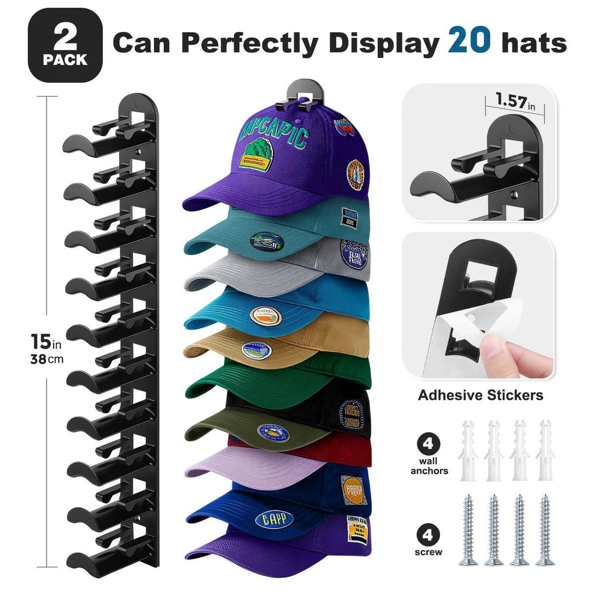 2X Hat Organizer for Baseball Caps (15x1.57x1.3 inches) - Black