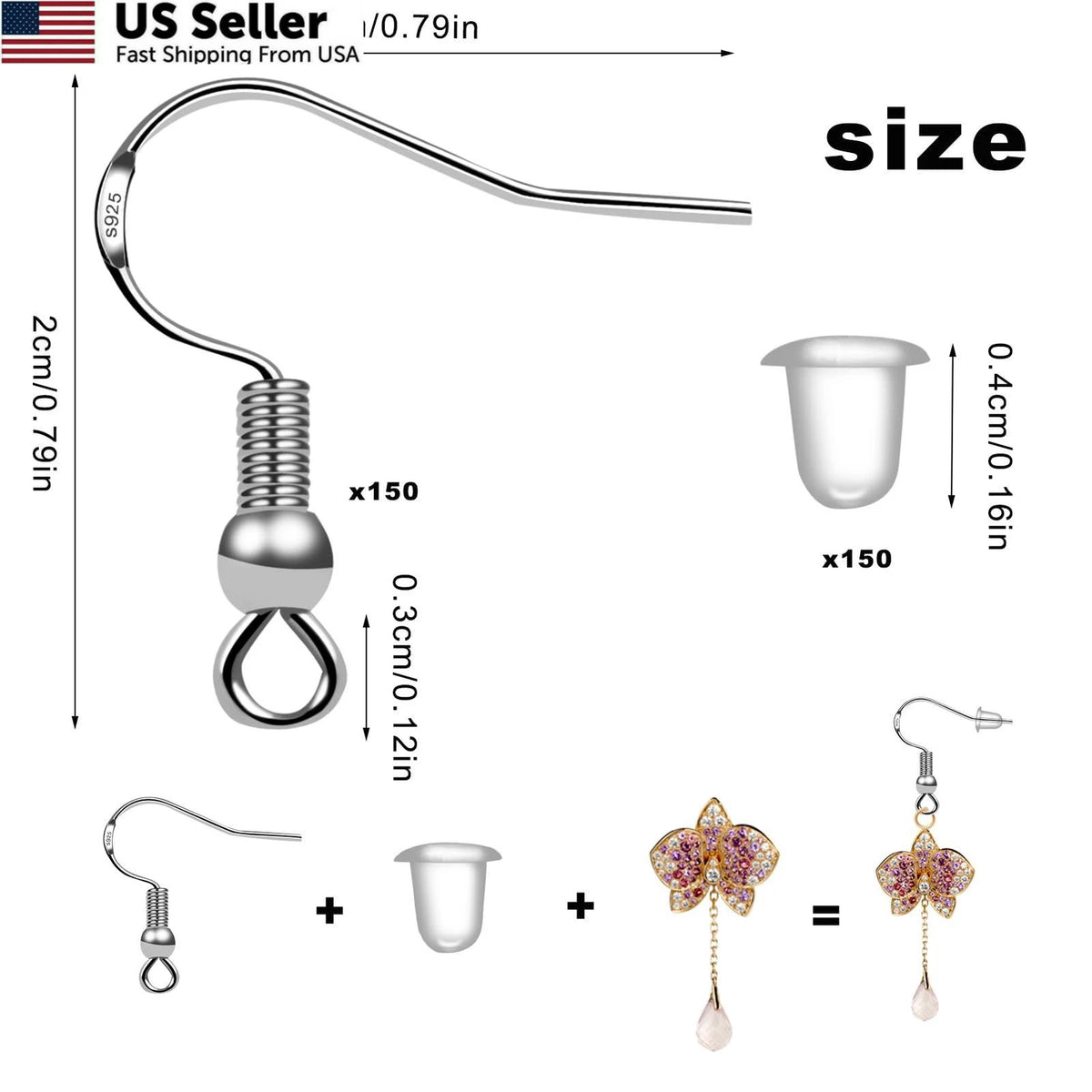150 Pairs Earring Hooks for Fish Hook Earrings (925 Sterling Silver)