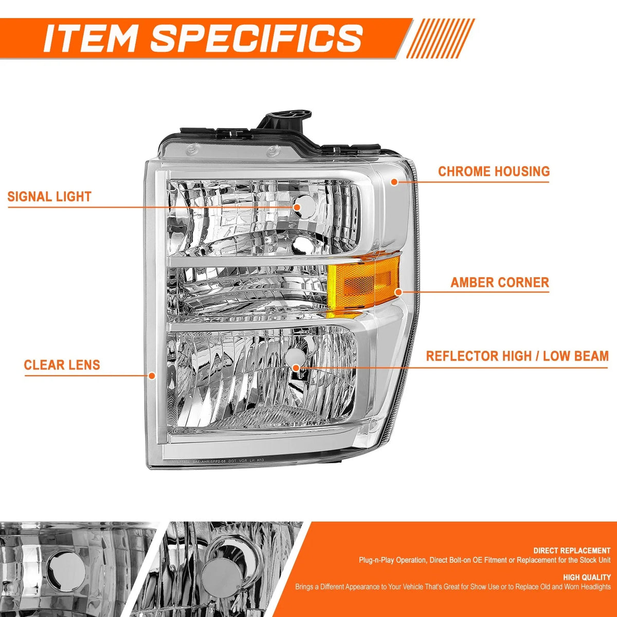 Chrome Housing Amber Corner Headlights for E150 E250 E350 E450SD F650 F750 (2008–2021)