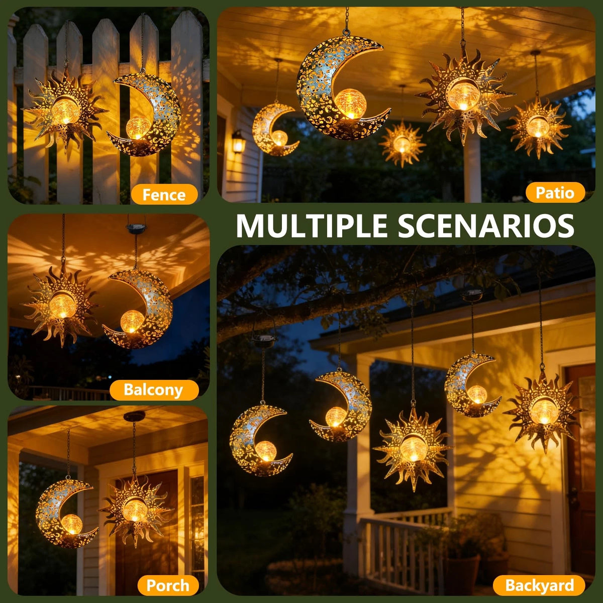 Solar Hanging Sun and Moon Lights for Garden - Bronze Color