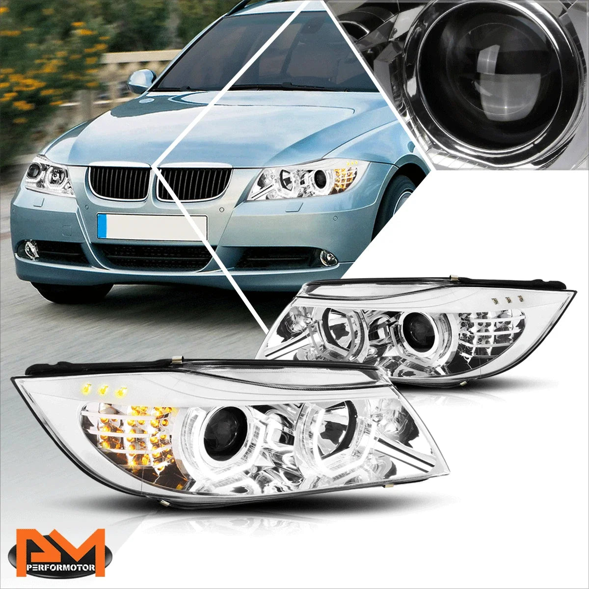 LED 3D Crystal U-Halo Projector Headlight for BMW E90 3-Series (2005–2008)
