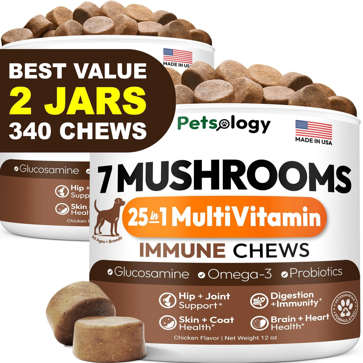 2 Pack Turkey Tail Mushroom Chews for Dogs - 340 Chews, Multivitamin