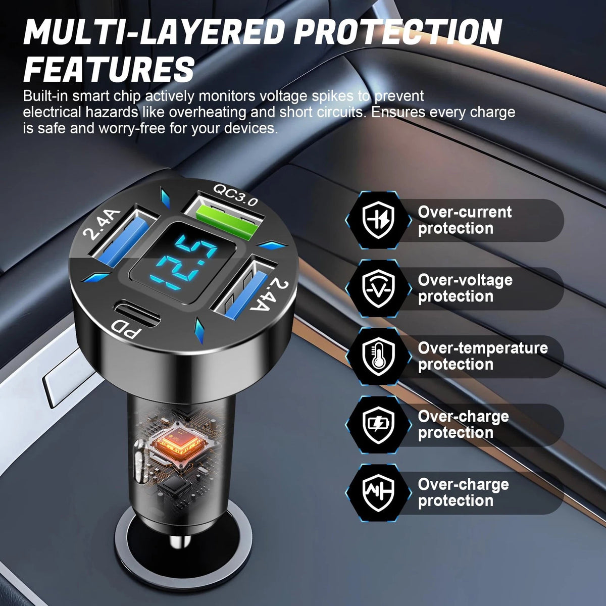 4-Port Car Charger for Universal Use (12-24V)
