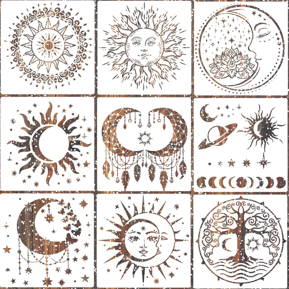9 Pieces Mandala Sun Moon Butterfly Flower Tree Stencil for Painting