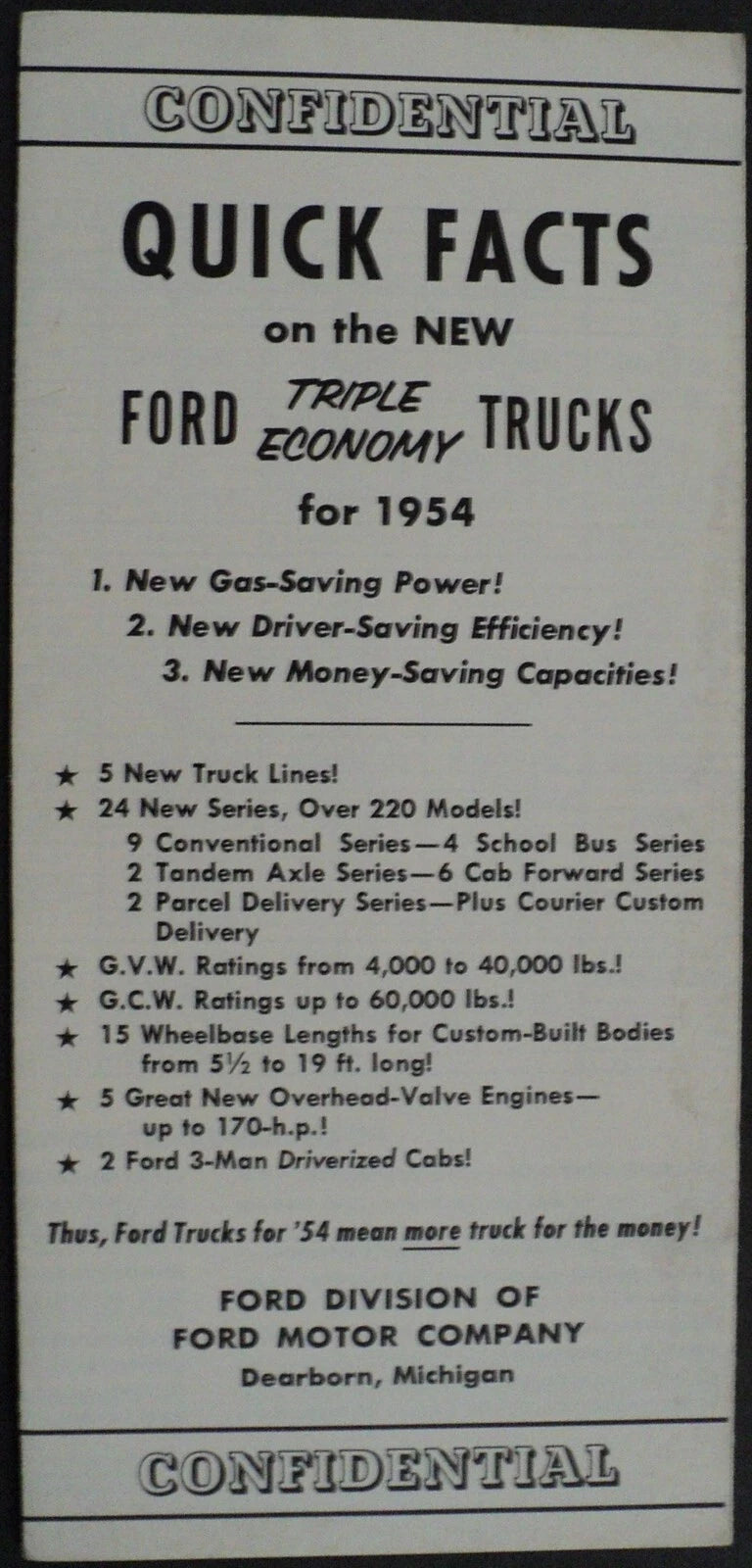 Confidential Quick Facts Book for 1954 Ford Truck Series F T C T B & Courier