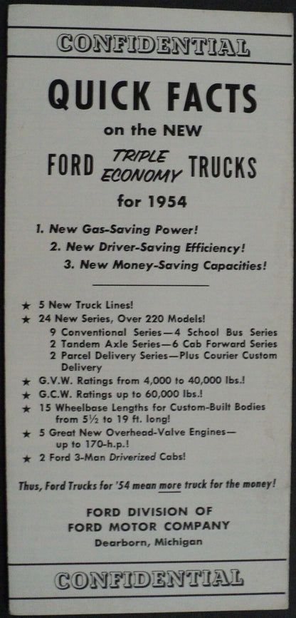 Confidential Quick Facts Book for 1954 Ford Truck Series F T C T B & Courier