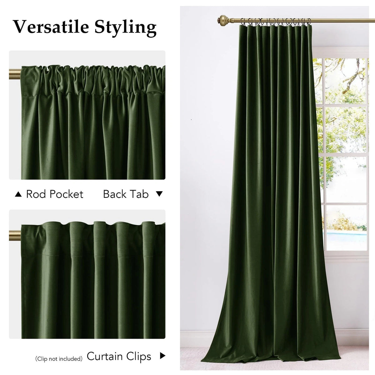 Pack of 2 Olive Green Velvet Blackout Curtains 52"W x 84"L