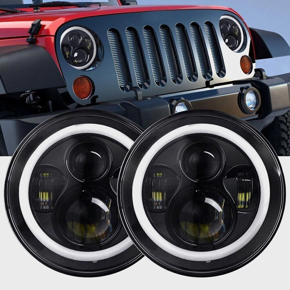 Pair 7" Round LED Headlights Halo for Jeep Wrangler JK LJ TJ CJ