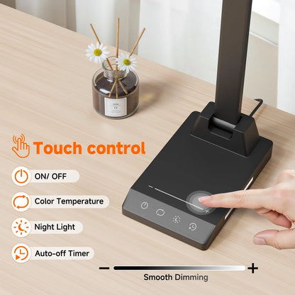 LED Desk Lamp with USB-C Charging Port, Dimmable 11.7 inches, Black