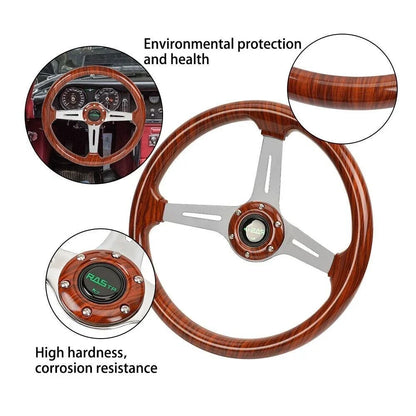 14'' Wooden Steering Wheel for Universal Fit (Wood Grain, Chrome Spoke)
