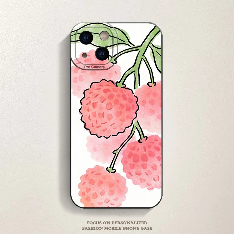 TPU Case for iPhone 11 to 17 - Watercolor Pink Litchi Fruit Design