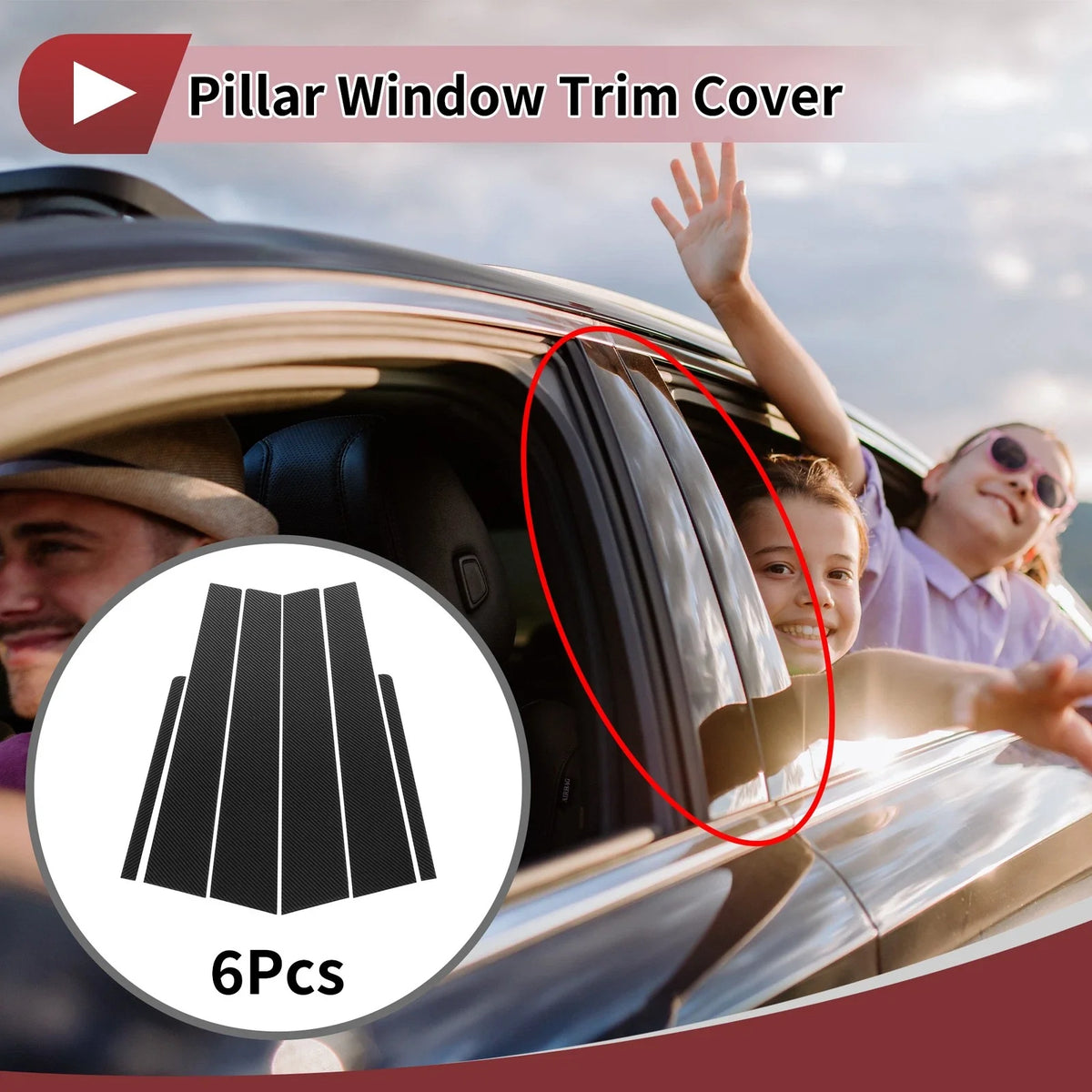 Set of 6 Door Pillar Window Trim for KIA Rio (2006–2011) Black Carbon Fiber