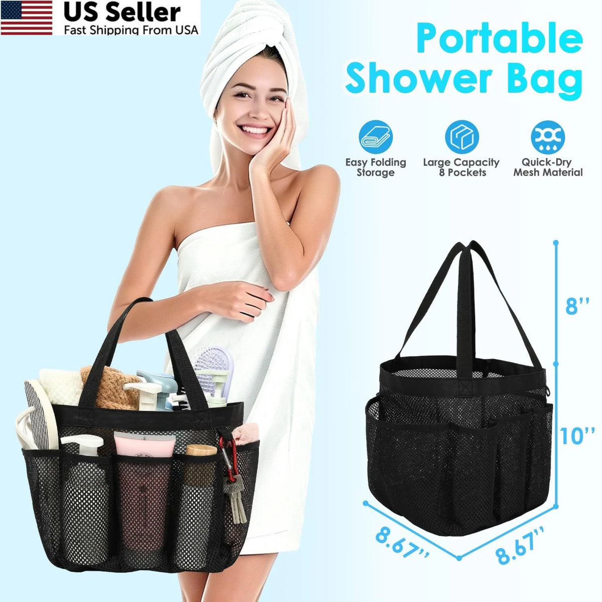 Mesh Shower Caddy for College Dorm (Portable, Multiple Pockets) - Black