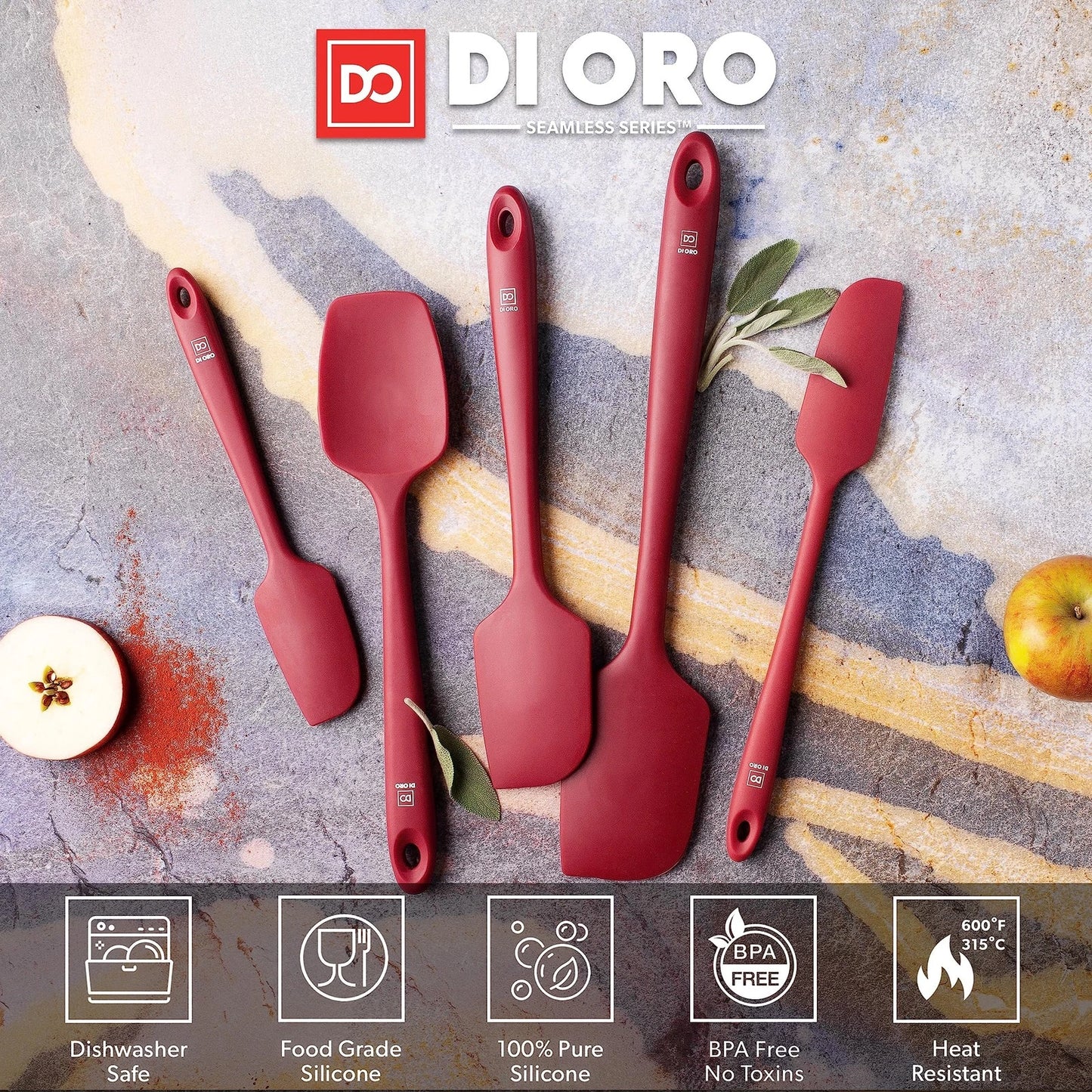 Set of 5 Silicone Spatulas for Kitchen Cooking - Red Rubber