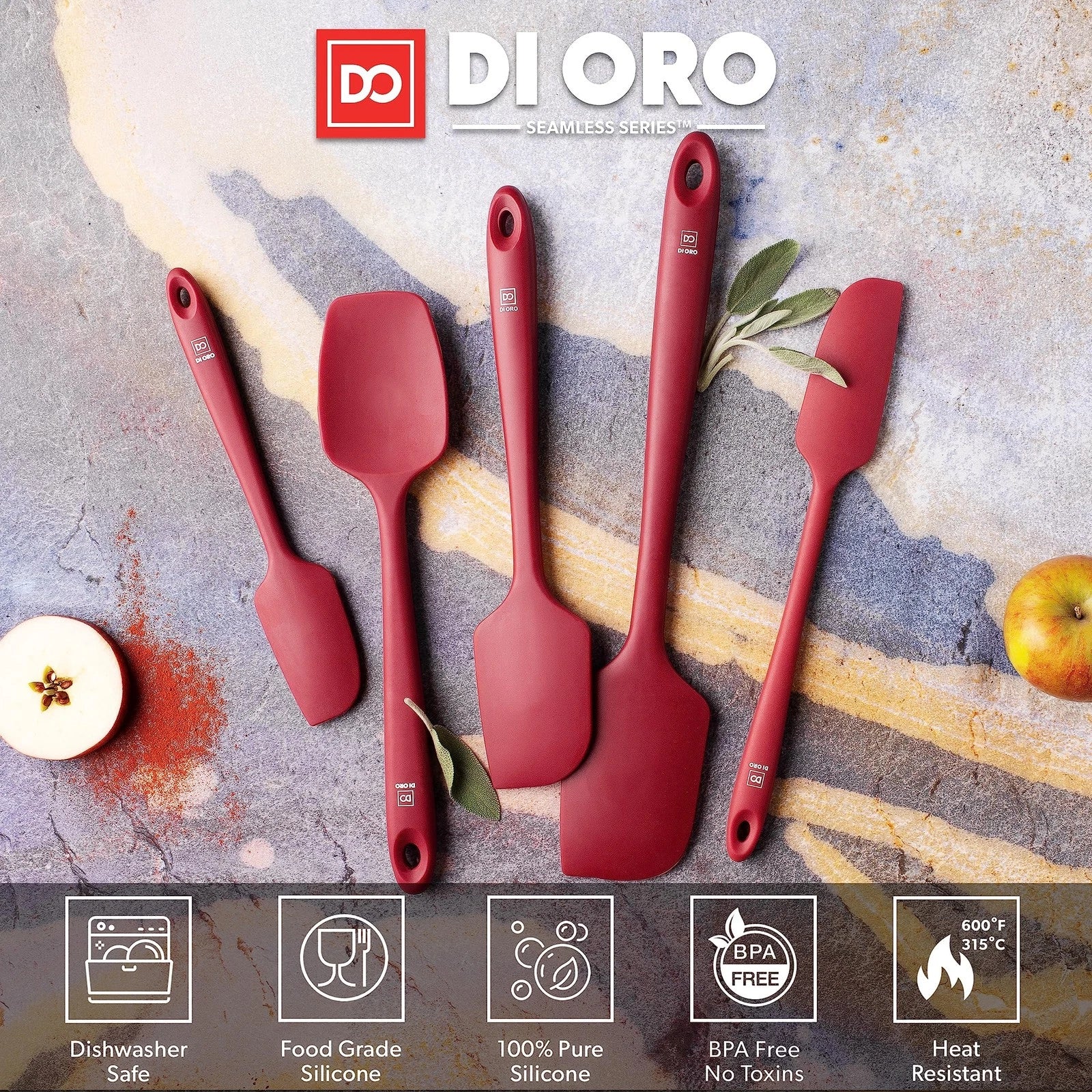 Set of 5 Silicone Spatulas for Kitchen Cooking - Red Rubber