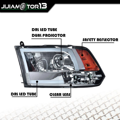 Black LED Tube Projector Headlights for Dodge Ram 1500 2500 3500 (2009–2012) - J-02HLA3715BSM, CH2502282, 55277409AF
