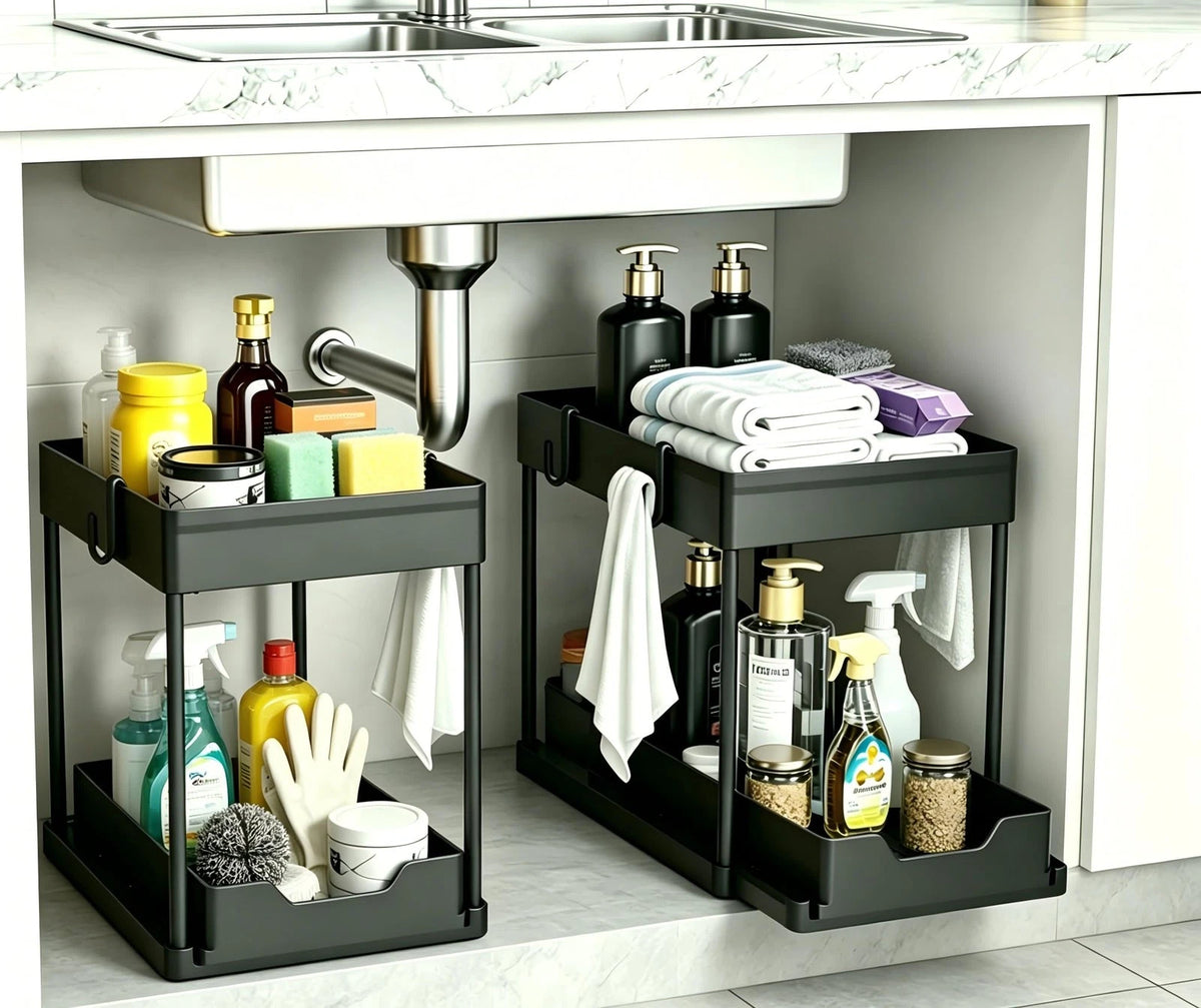 Under Sink Organizer for Bathroom Cabinet (2 Pack) - 2 Tier Black
