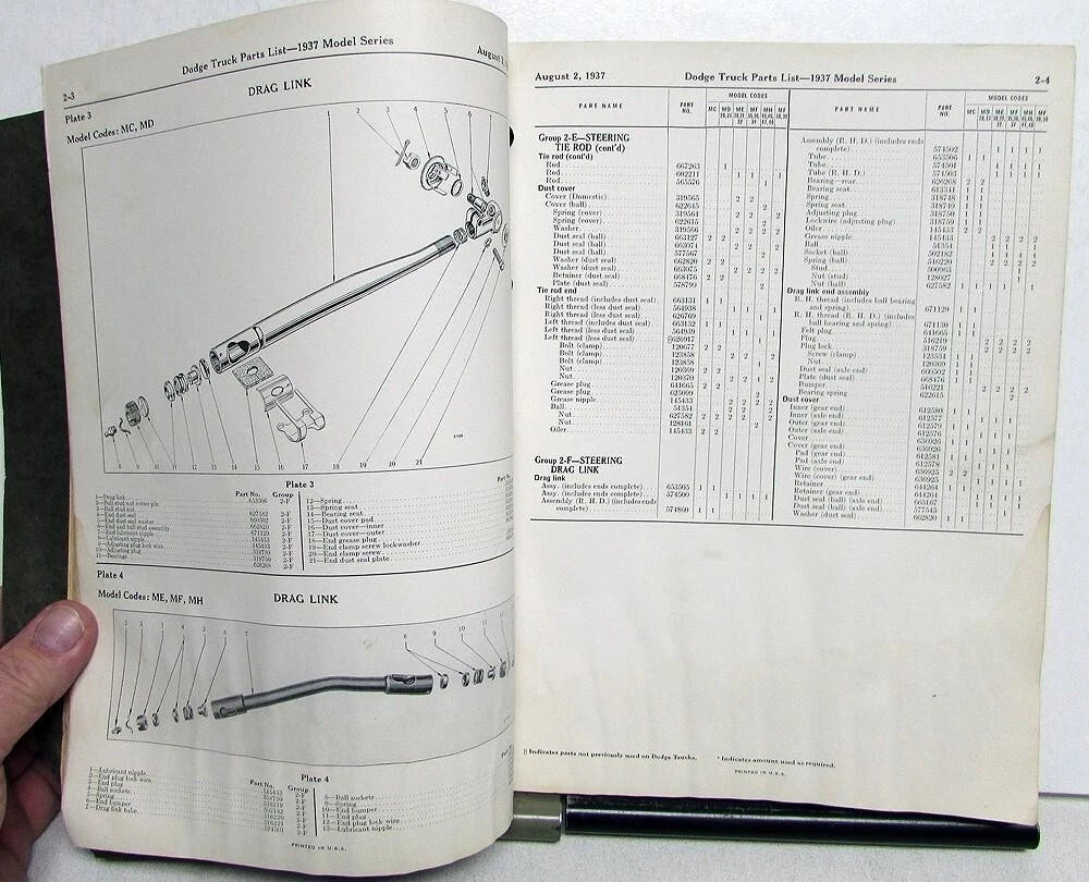 Parts List Book for 1937 Dodge Trucks M Series Pickup HD