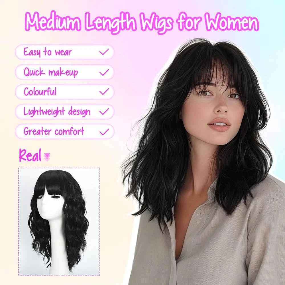 Black Wig with Bangs for Women (Short Wavy)