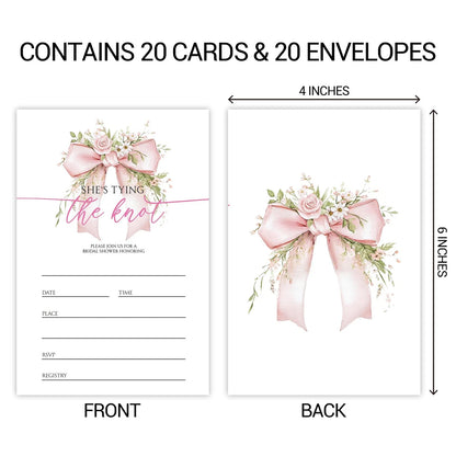 Set of 20 Pink Bow Bridal Shower Invitation Cards with Envelopes