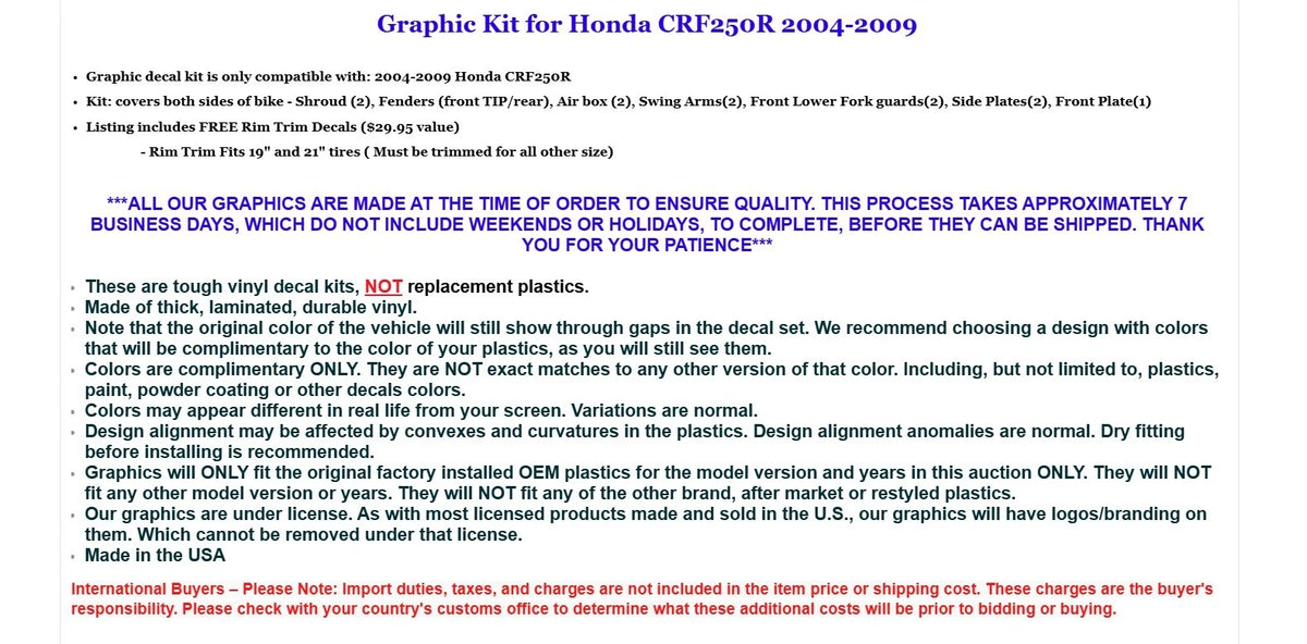 Graphic Stickers +#PLT/RIM Decals for Honda CRF250R (2004–2009)