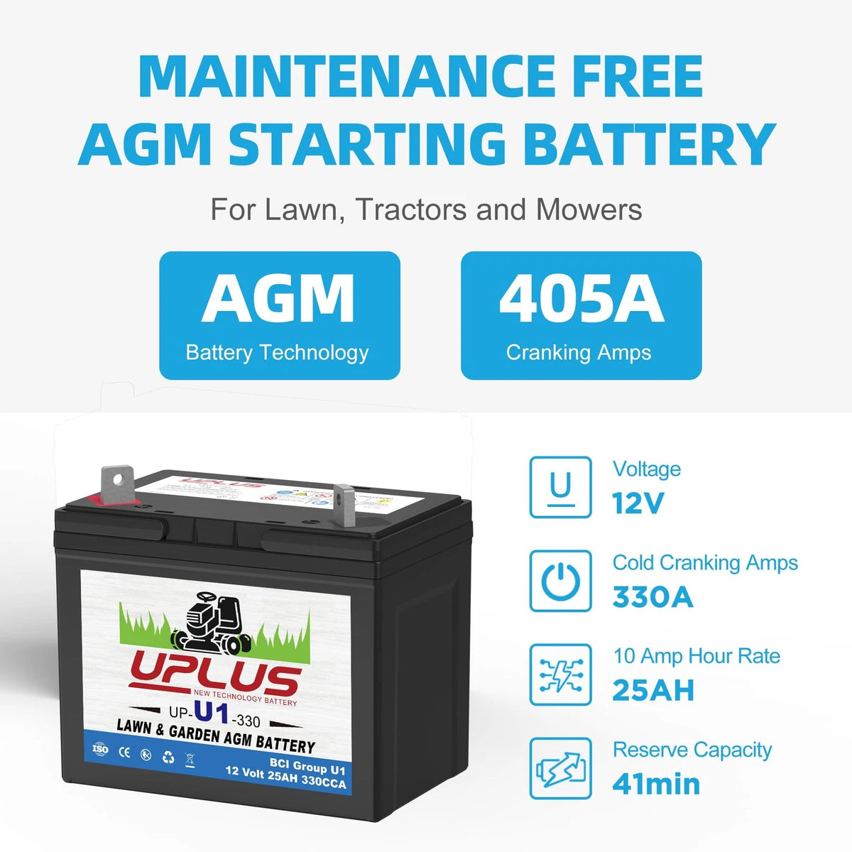 U1 Riding Lawn Mower Battery 12V 330CCA for Lawn Mowers