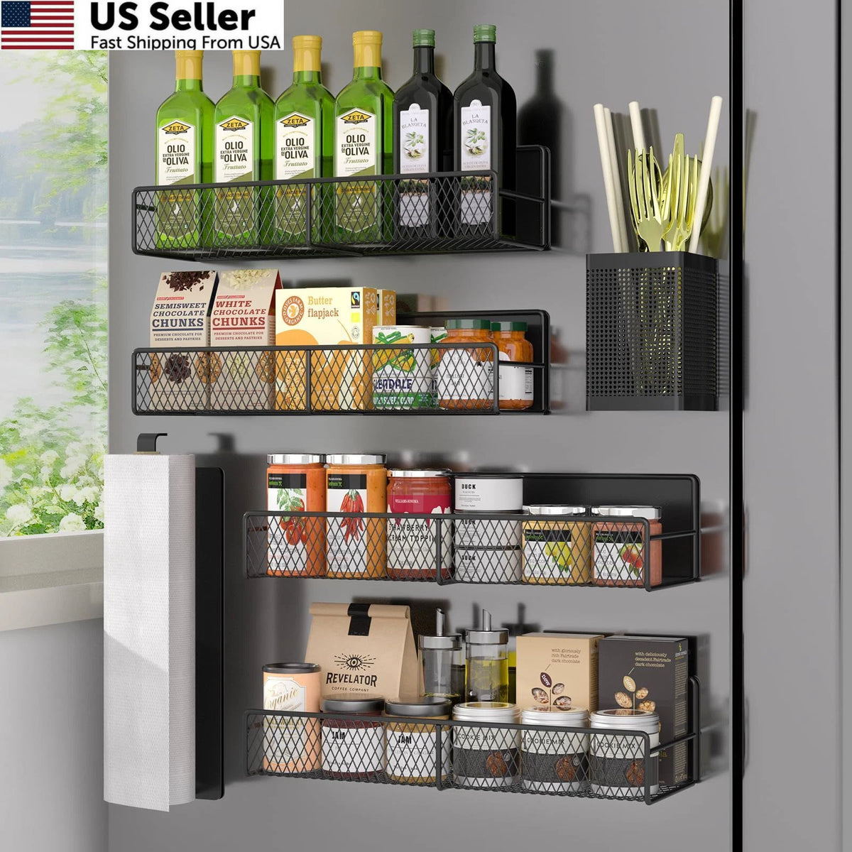 6X Magnetic Spice Rack for Refrigerator (100% Metal, Black)