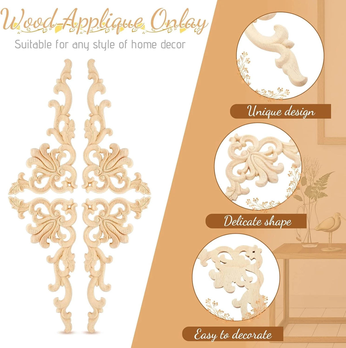 Set of 4 Wood Appliques for Decorative DIY Projects