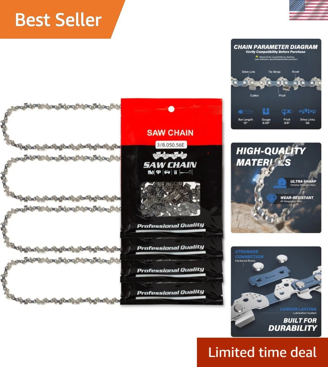 Set of 4 Durable 16 Inch Chainsaw Chains for Craftsman & Echo