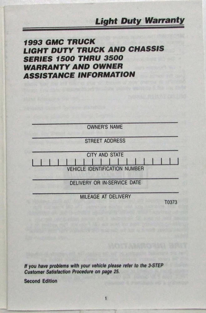 Warranty and Owner Assistance Information for GMC Truck and Chassis (1993)