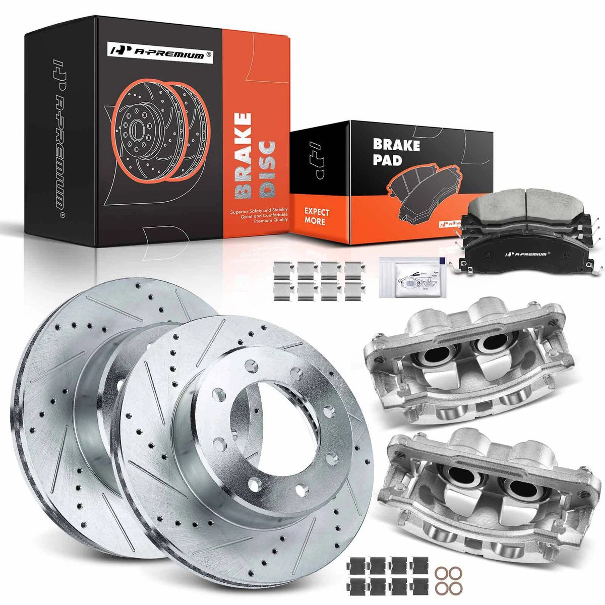 Set of 8 Front Drilled Brake Rotors & Pads for Ram 2500 3500 (2010–2023) - 52122182AB, 52122182AA, PRT5909