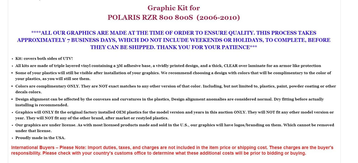 Graphics Kit Decals Stickers for Polaris RZR 800 S (2006–2010)