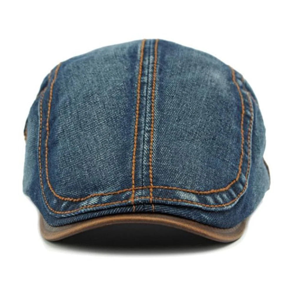 Denim Newsboy Hat Flat Cap for Men Women - Deep Blue