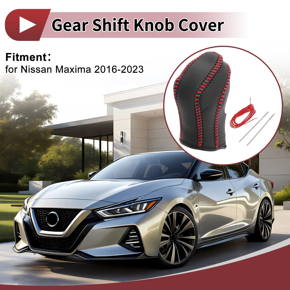 1 Pc Gear Shift Knob Cover for Nissan Maxima (2016–2023) Black Red Faux Leather
