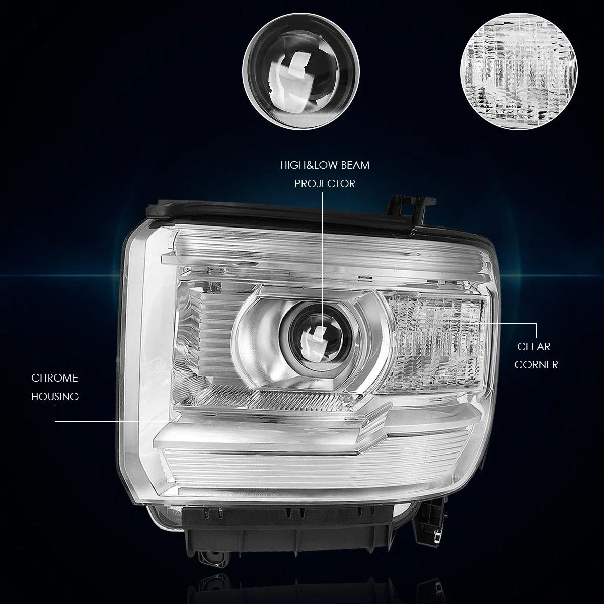 Projector Headlight for GMC Sierra Pickup (2014–2018) Chrome Housing Clear Corner