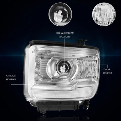 Projector Headlight for GMC Sierra Pickup (2014–2018) Chrome Housing Clear Corner