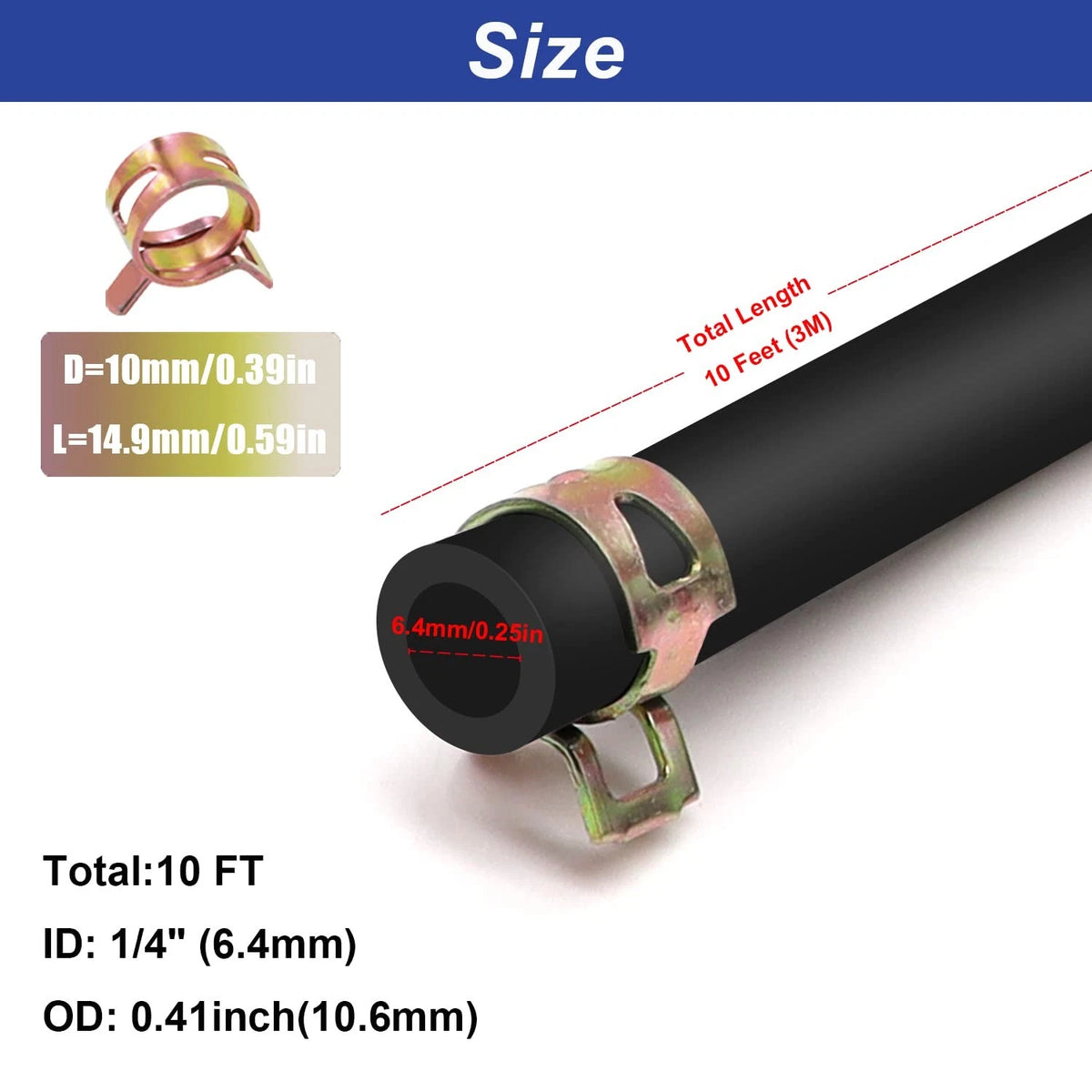 1/4 Inch ID Fuel Line Hose 10 Feet with 20 Clamps for Universal Use