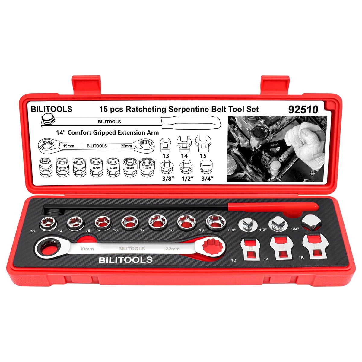 15-Piece Serpentine Belt Tool Set for Universal Use (19 mm & 22 mm)
