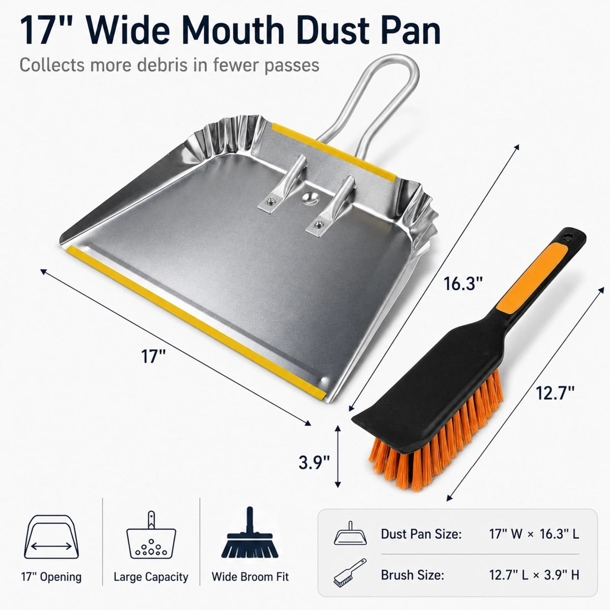 Set of 2 Heavy Duty Metal Dust Pan Brush for Garage Yard Cleanup