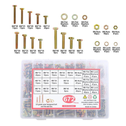 Set of 672 Alloy Steel Bolts and Nuts with Lock Washers Assortment Kit