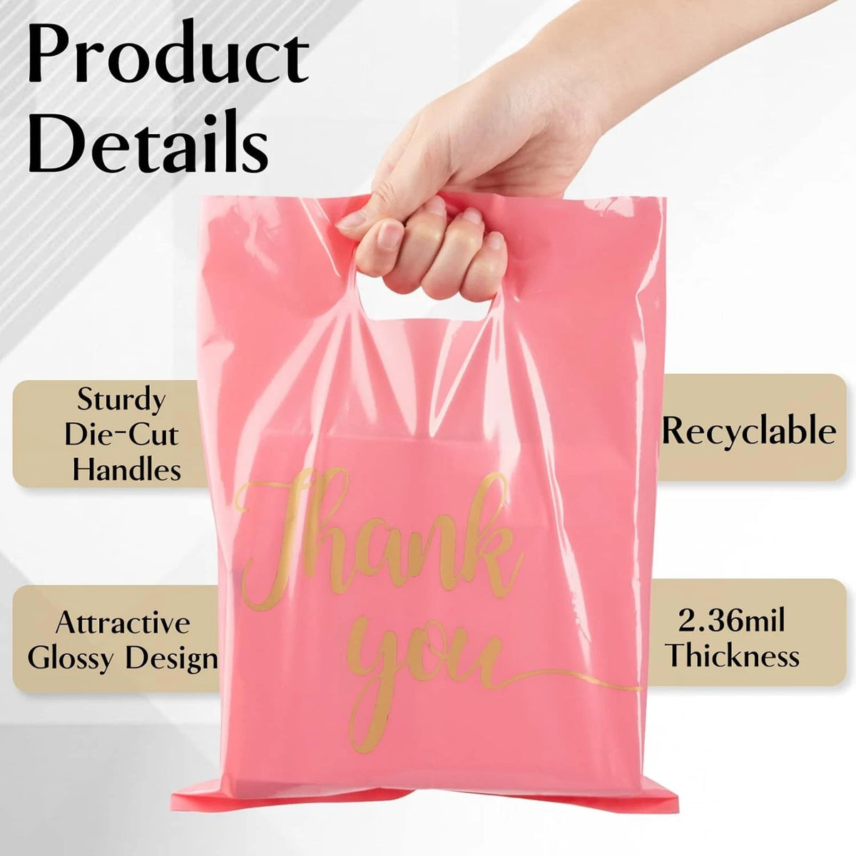 100 Pack Pink Thank You Shopping Bags 12"x15" Extra Thick