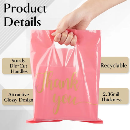 100 Pack Pink Thank You Shopping Bags 12"x15" Extra Thick