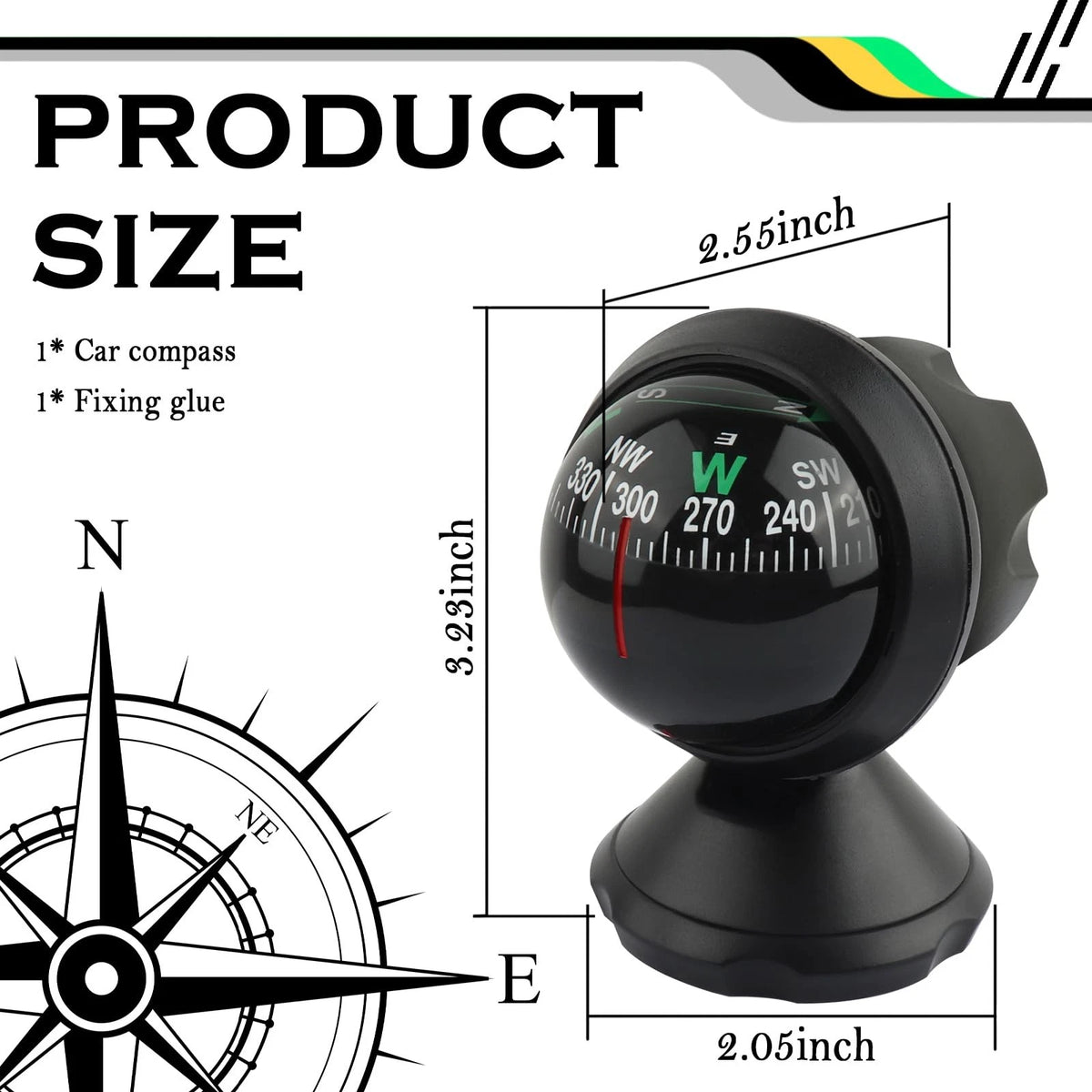 Compass for Car with Bottom Stick (3.23x2.55x2.05 inch, Black)